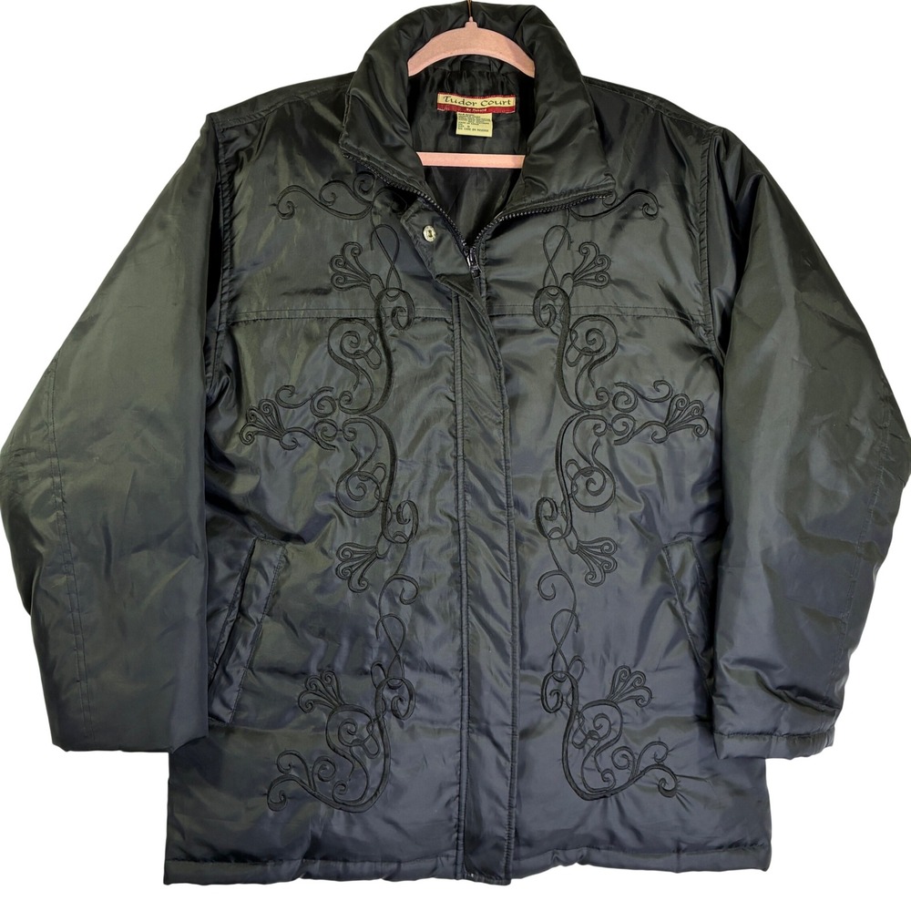 Tudor Court by Haband Black Down Feather Puffer Jacket Embroidered Scroll Small